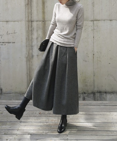 パンツ タックワイドパンツ／スカート見えシルエット／上品ウール