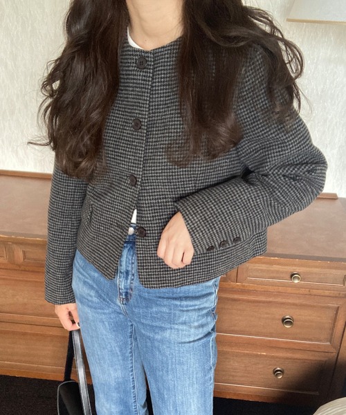 「LAUIR」 ノーカラージャケット MEDIUM ダークグレー レディース_画像6