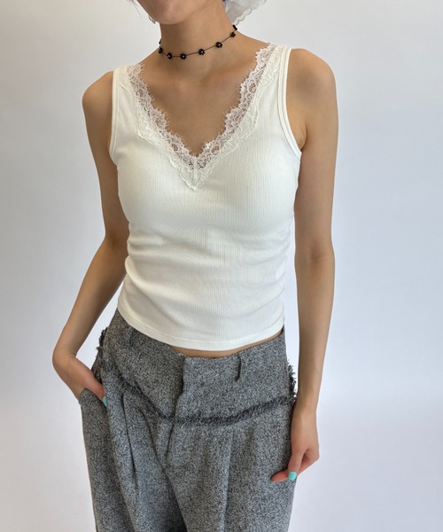 FUULLY STUDIO タンクトップ ノースリーブ レースVリブタンクトップ