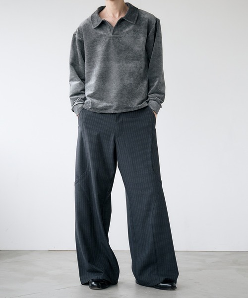 「Adoon plain」 長袖ポロシャツ MEDIUM チャコールグレー メンズ_画像3