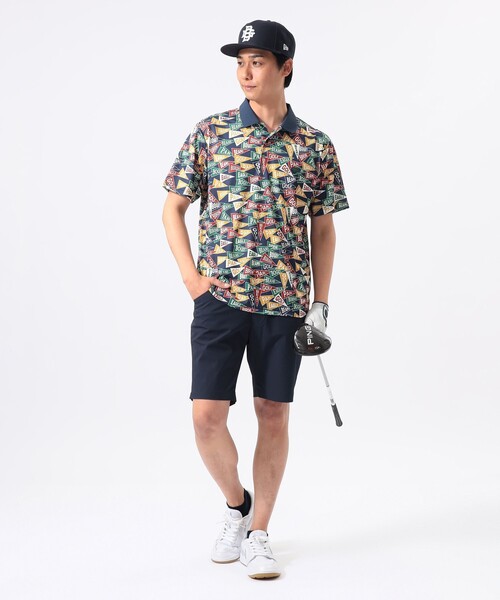 ビームスゴルフ　総柄　半袖　ポロシャツ　ゴルフウェア　ネイビー系　サイズXL BEAMS GOLF（ビームス ゴルフ） ポロシャツ 半袖 「MEN」ORANGE LABEL