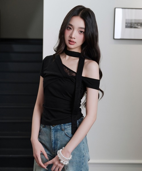 ANDWANG tシャツ 半袖 One shoulder strings tops レディース