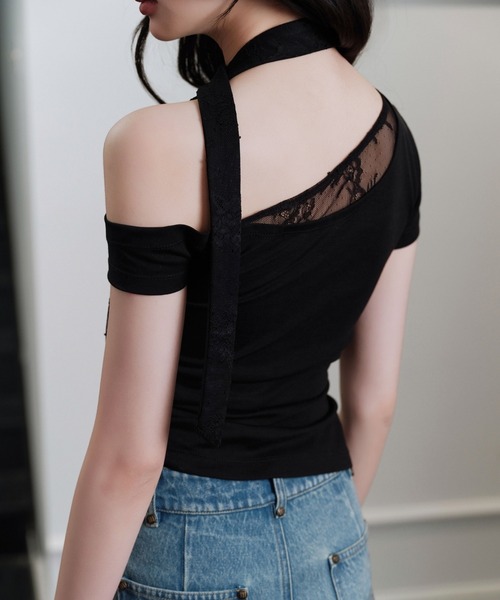 ANDWANG tシャツ 半袖 One shoulder strings tops レディース