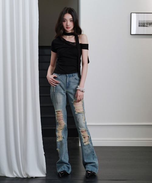 ANDWANG tシャツ 半袖 One shoulder strings tops レディース