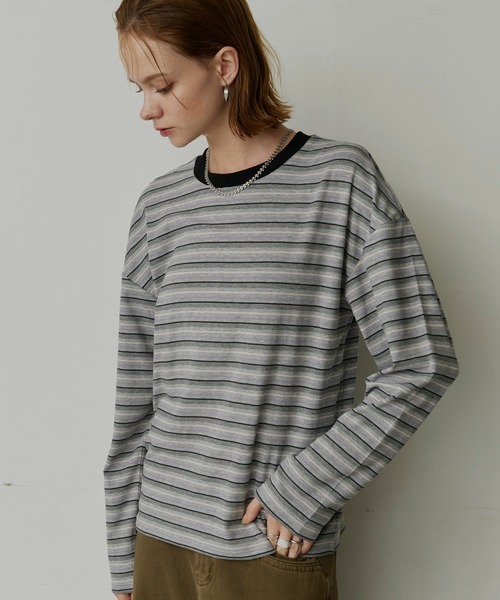 uchi. tシャツ マルチボーダー配色クルーネックロングTシャツ