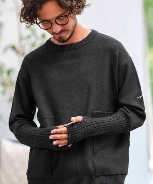 セーター ニット mn2786-スムースニット 袖ケーブル編みプルオーバー