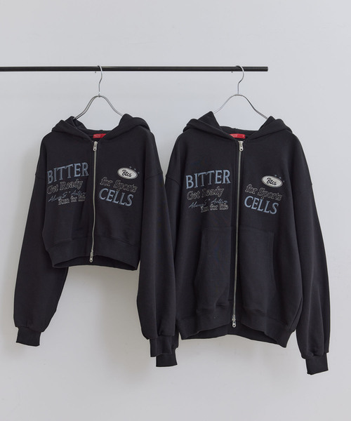 トレーナー スウェット 「BITTER CELLS」Wジップショート丈ロゴ刺繍パーカー レディース VIS(ビス) / 【BITTER CELLS】Wジップショート丈ロゴ刺繍