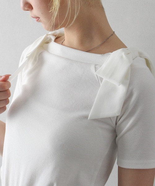 tシャツ リボンネコちゃんオフショルテレコTOPS レディース リボンネコちゃんオフショルテレコTOPS - Ank Rouge(アン