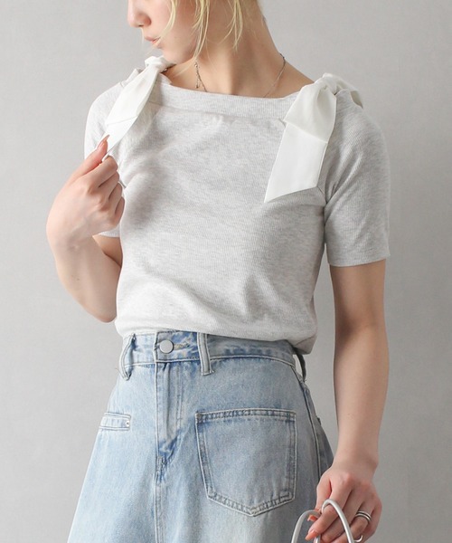 tシャツ リボンネコちゃんオフショルテレコTOPS レディース リボンネコちゃんオフショルテレコTOPS - Ank Rouge(アン