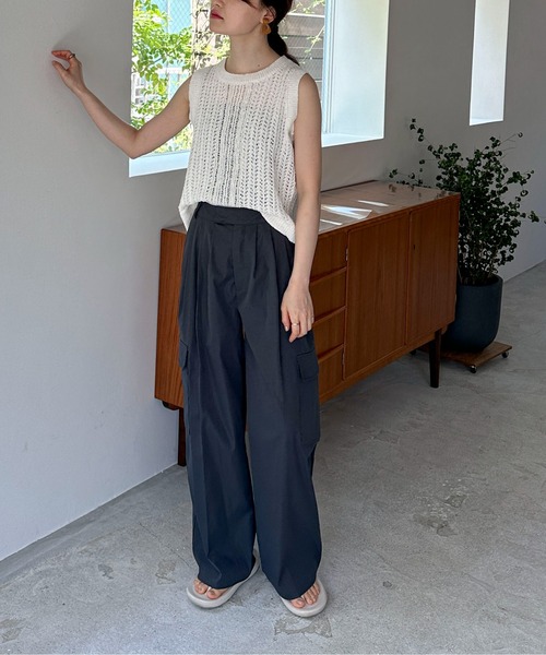 シャルボン　ノースリーブ　ブルー feepur ニット セーター 「ハンドウォッシャブル」透かし編み