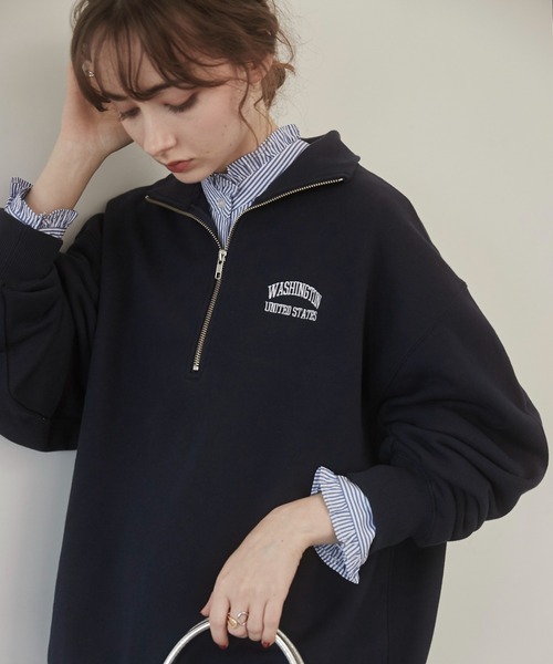 ANGIE トレーナー スウェット ワンポイント 刺繍 ハーフZIP プル