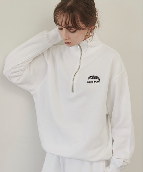 ANGIE トレーナー スウェット ワンポイント 刺繍 ハーフZIP スウェット