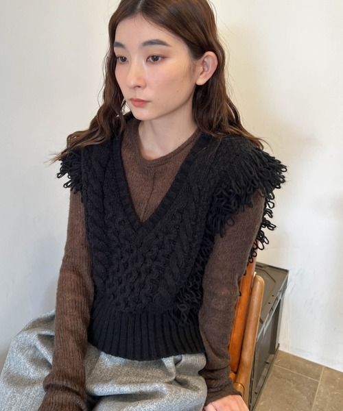 select MOCA（セレクトモカ） ベスト ジレ フリンジケーブルニット