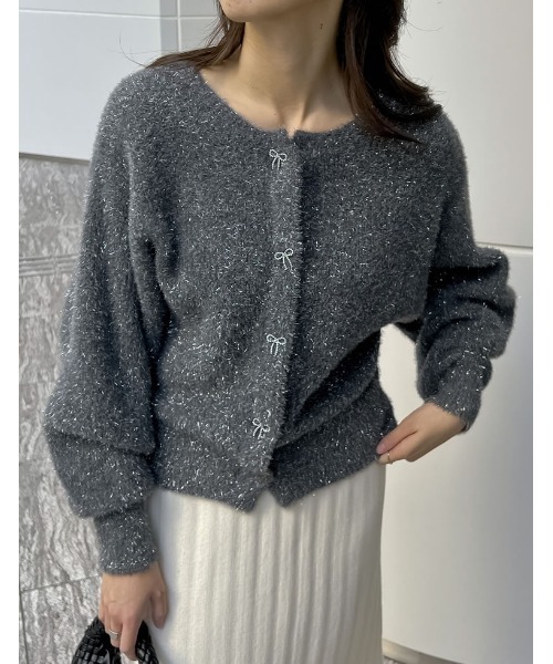 カーディガン 「2024-25 WINTER COLLECTION」ラメフェザーニットリボンボタンカーディガン レディース