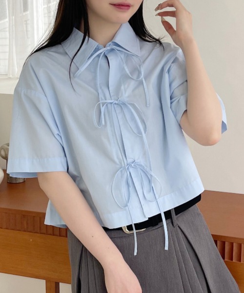 シャツ/ブラウス(半袖/袖なし) satin gather sleeve blouse ロングヨーク ハーフスリーブ/半袖 シャツ（シャツ/ブラウス）｜NOMINE