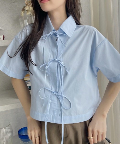 シャツ/ブラウス(半袖/袖なし) Back Front Ribbon Blouse Ada. ブラウス シャツ フロントリボン クロップド 半袖 ショート丈