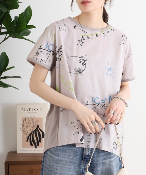 tシャツ BRODIAEA 手書き風プリント半袖Ｔシャツ 東雲ちりめん生地 しぼ加工カットソー「日本製」 レディース
