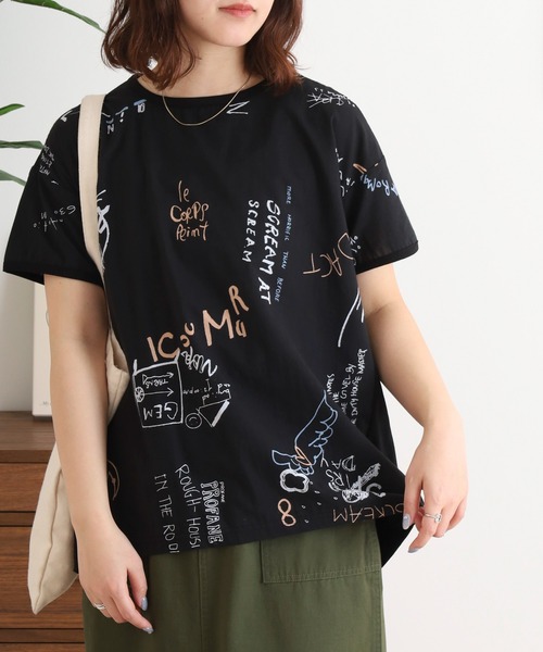 tシャツ BRODIAEA 手書き風プリント半袖Ｔシャツ 東雲ちりめん生地 しぼ加工カットソー「日本製」 レディース tシャツ BRODIAEA 手書き風プリント半袖Tシャツ 東雲ちりめん