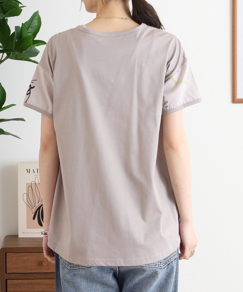 tシャツ BRODIAEA 手書き風プリント半袖Ｔシャツ 東雲ちりめん生地 しぼ加工カットソー「日本製」 レディース tシャツ BRODIAEA 手書き風プリント半袖Tシャツ 東雲ちりめん