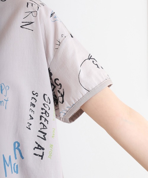 tシャツ BRODIAEA 手書き風プリント半袖Ｔシャツ 東雲ちりめん生地 しぼ加工カットソー「日本製」 レディース tシャツ BRODIAEA 手書き風プリント半袖Tシャツ 東雲ちりめん