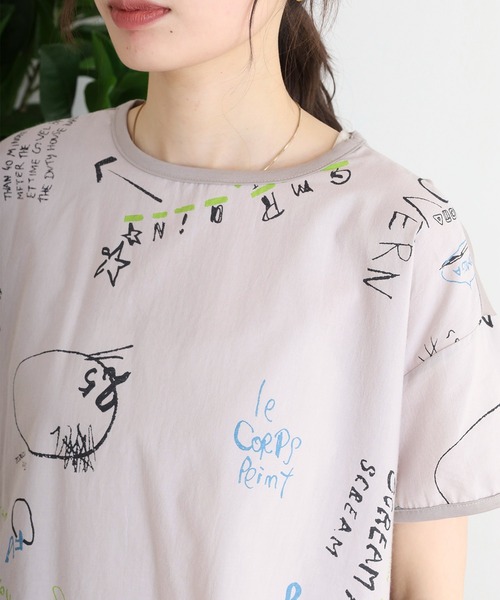 tシャツ BRODIAEA 手書き風プリント半袖Ｔシャツ 東雲ちりめん生地 しぼ加工カットソー「日本製」 レディース tシャツ BRODIAEA 手書き風プリント半袖Tシャツ 東雲ちりめん