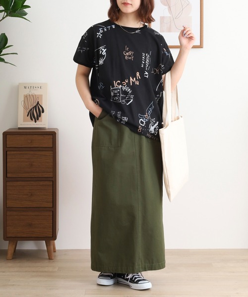 tシャツ BRODIAEA 手書き風プリント半袖Ｔシャツ 東雲ちりめん生地 しぼ加工カットソー「日本製」 レディース tシャツ BRODIAEA 手書き風プリント半袖Tシャツ 東雲ちりめん