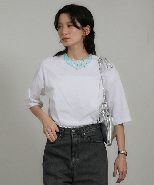 tシャツ ビジューエンブロイダリーオーバーサイズT レディース
