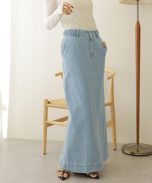 デニムスカート waist design denim long skirt /ウエストデザイン