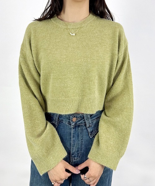 ニット+セーター RANCLIC volume sleeve short knit ◇【洗える/静電気軽減】ちくちくしにくい レースアップ畦編みニット