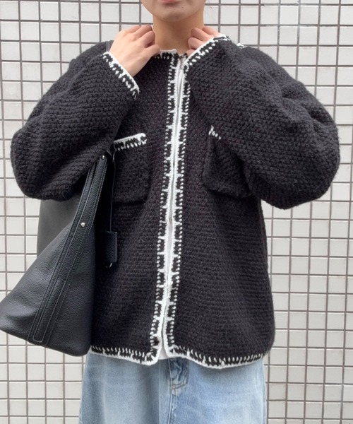Drawerブラック＆ホワイトツィードニットカーデジャケット DRAW カーディガン DRAW(ドロー) / ツイード風ニットカーディガン