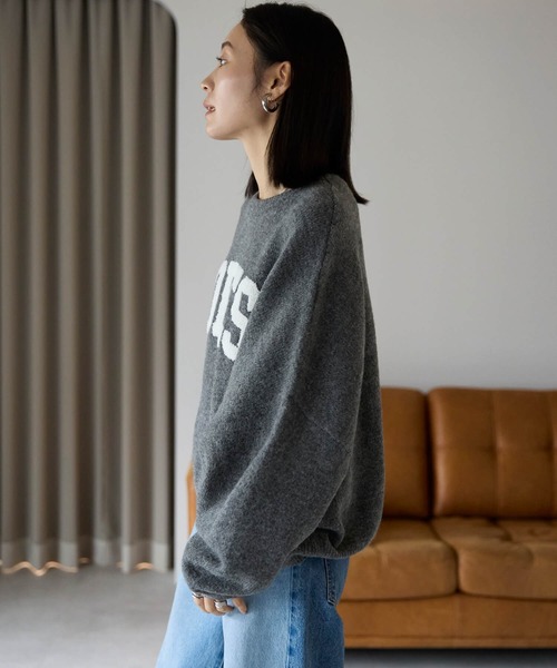 ポケット ニット セーター サガラ刺繍ロゴニットプルオーバー