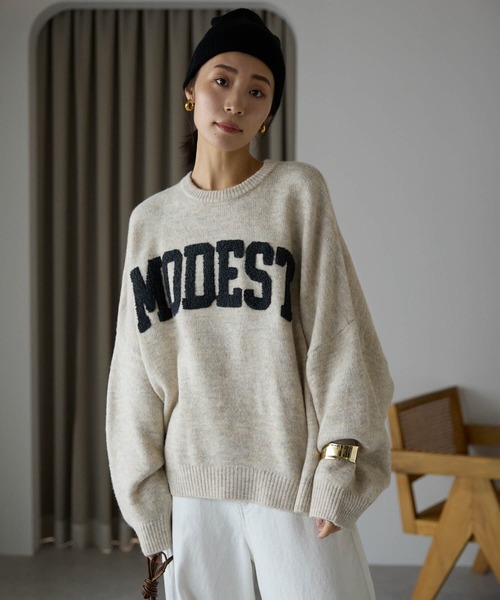 ポケット ニット セーター サガラ刺繍ロゴニットプルオーバー