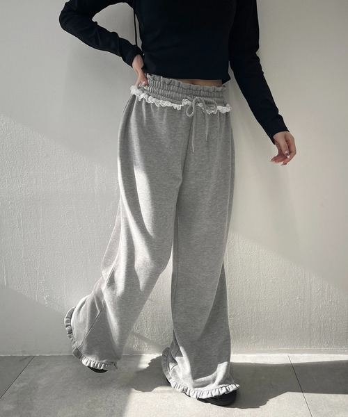 パンツ 「セットアップ対象」フリルスウェットパンツ レディース