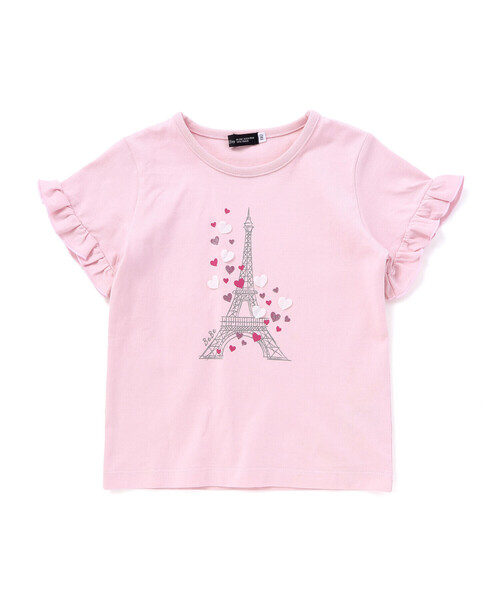BeBe（ベベ） tシャツ 袖フリルエッフェル塔ハートモチーフ天竺半袖T