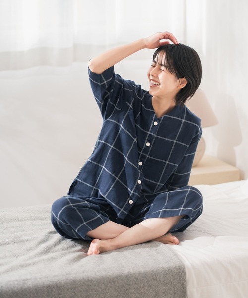 着る保湿クリーム パジャマ ルームウェア ノーカラー7分袖/上下