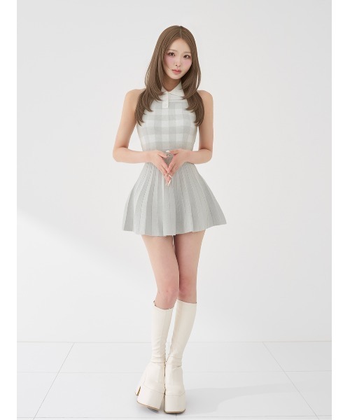 ワンピース ギンガムチェックプリーツニットミニワンピースの画像
