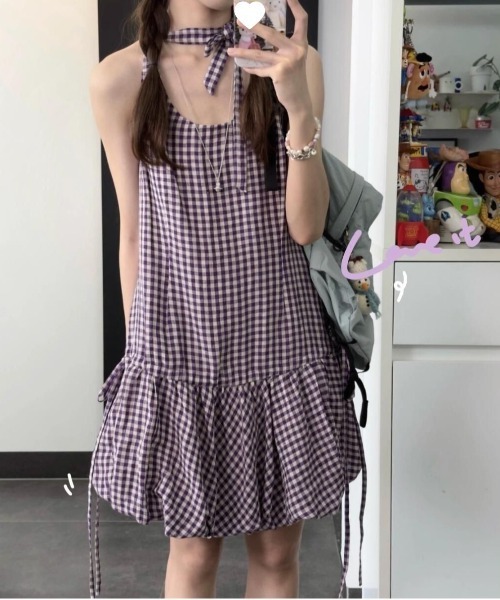 gossip!ロサンゼルス ワンピース レトロチェック バルーンリボンミニ