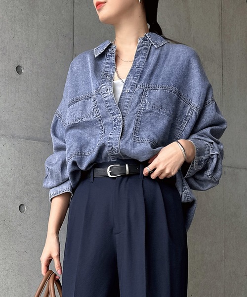 「andme」 「alma design」長袖シャツ M インディゴブルー レディース_画像9