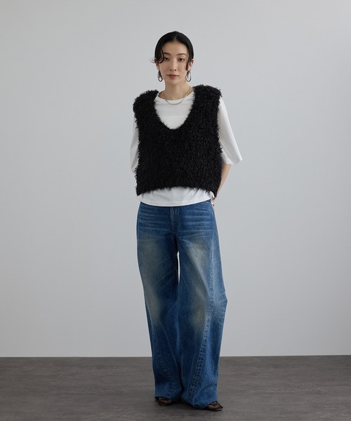 ベスト ジレ カーリーモヘアクロップドベスト レディースの画像