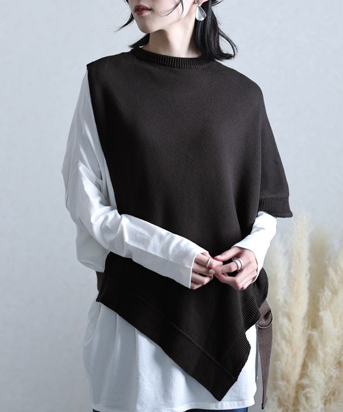 ElegChic ベスト ジレ サイドベルト付きアシンメトリーベスト