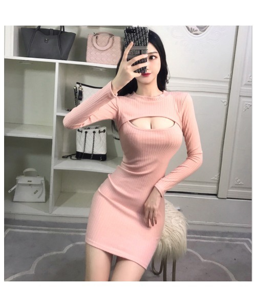 胸開きレースセクシーワンピース タイトワンピース レディース夏 人気 膝丈 ヒップラップVネック 胸元
