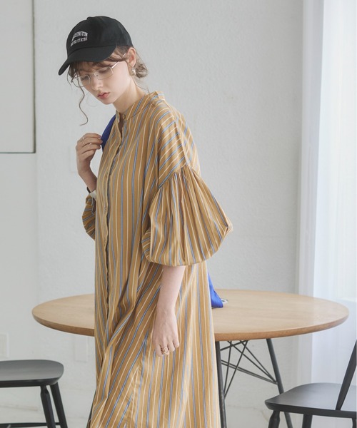 ANGIE シャツワンピース ボリュームスリーブ バンドカラー シャツ