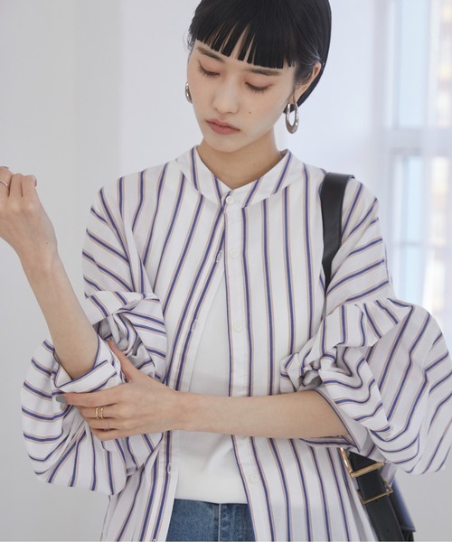 ANGIE シャツワンピース ボリュームスリーブ バンドカラー シャツ