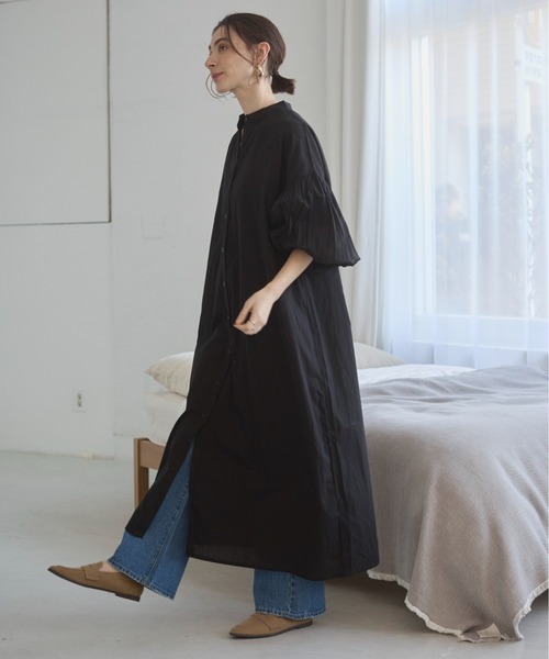 ANGIE シャツワンピース ボリュームスリーブ バンドカラー シャツ