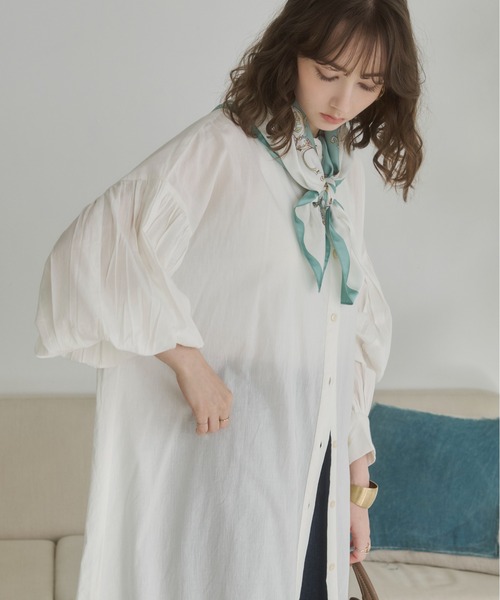 ANGIE シャツワンピース ボリュームスリーブ バンドカラー シャツ