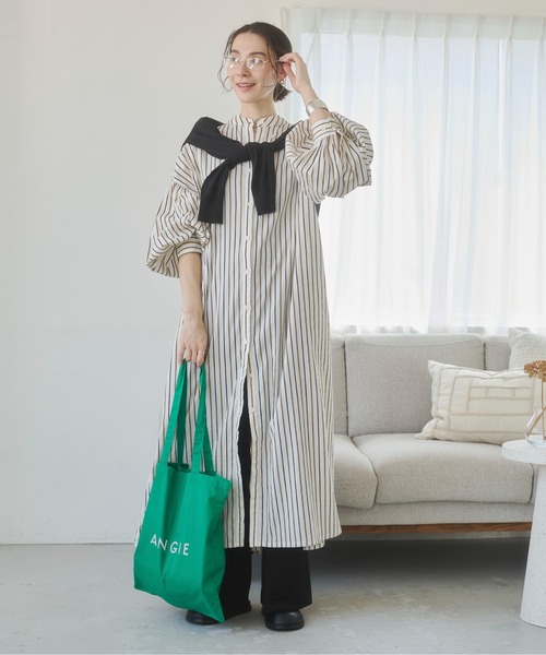 ANGIE シャツワンピース ボリュームスリーブ バンドカラー シャツ