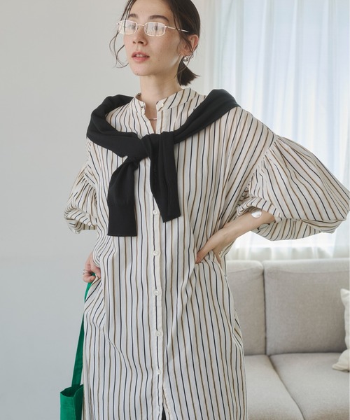 ANGIE シャツワンピース ボリュームスリーブ バンドカラー シャツ