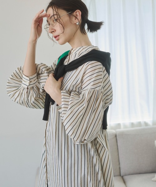 ANGIE シャツワンピース ボリュームスリーブ バンドカラー シャツ