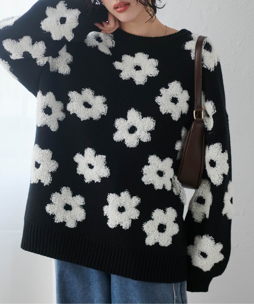 24AW TAAKK ニット セーター ジャカード 花柄 フラワー 総柄 長袖 花柄ジャカードニット【洗濯機OK】（ニット/セーター） | THE SHOP TK