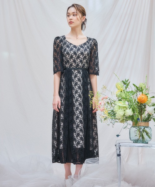 ワンピースドレス 総レースミモレ丈結婚式オケージヨン DRESS+（ドレスプラス） パーティードレス ドレス ワンピース ドレス